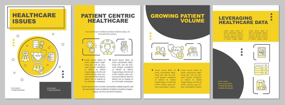 Healthcare questionable points yellow brochure template. Leveraging data. Leaflet design with linear icons. 4 vector layouts for presentation, annual reports. Arial, Myriad Pro-Regular fonts used