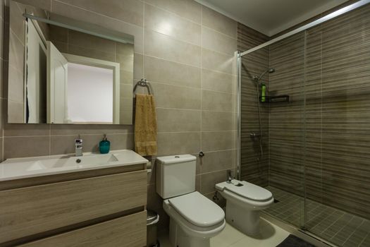 Spacious bathroom in gray tones with heated floors, walk-in shower, double sink vanity.