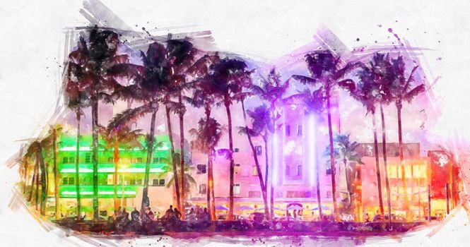 Watercolor painting illustration of Ocean Drive hotels and restaurants at sunset. City skyline with palm trees at night. Art deco nightlife on South beach