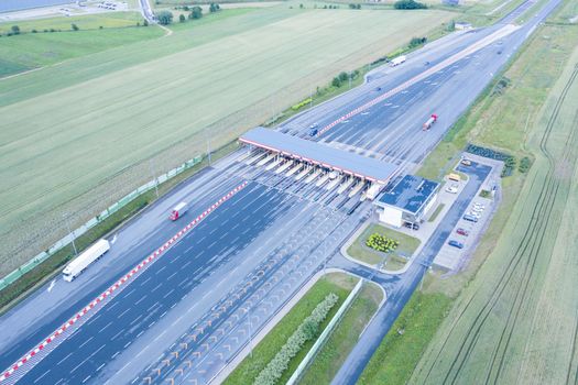 Aerial drone view on toll collection point on the motorway
