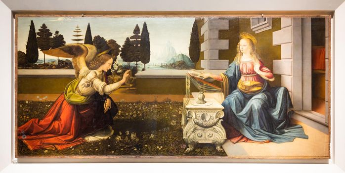 Florence, Italy - Circa June 2021: Leonardo Da Vinci, Annunciation, 1475 - oil on wood.