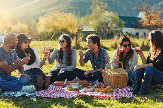 Shot of a group of friends having a picnic together outdoors.