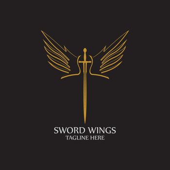 Sword with Wings. Golden Sword Symbol on Black Background.