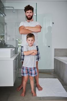 Like father, like son. Portrait of a father and his little son standing with their arms crossed in the bathroom at home.