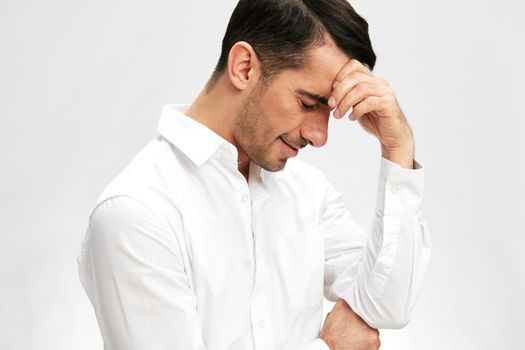 successful man white shirt posing hand gesture emotions business and office concept