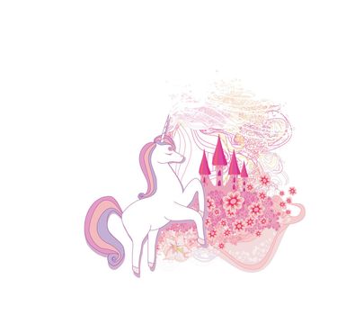 Beautiful unicorn and a pink fairytale castle , ornamental floral icon
