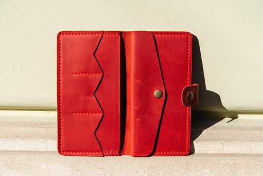 hand made leather wallet . Leather craft. Selective focus