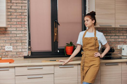 woman in an apron in the kitchen housework Lifestyle. High quality photo