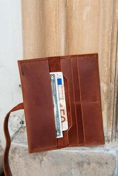 hand made leather wallet . Leather craft. Selective focus