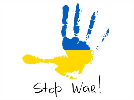 Vector palm in the colors of the ukrainian flag with stop the war in Ukraina.