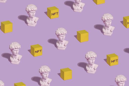 Pattern statue of Roman bust of David and blocks blockchain cryptocurrency NFT 