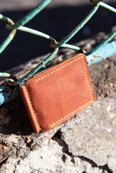 hand made leather money holder. Leather craft. Selective focus