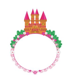 magical fairy tale land - decorative card with a castle and a beautiful garden frame