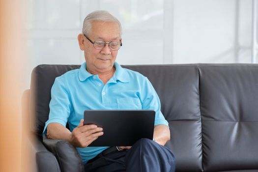 Happy senior man using online techology.
