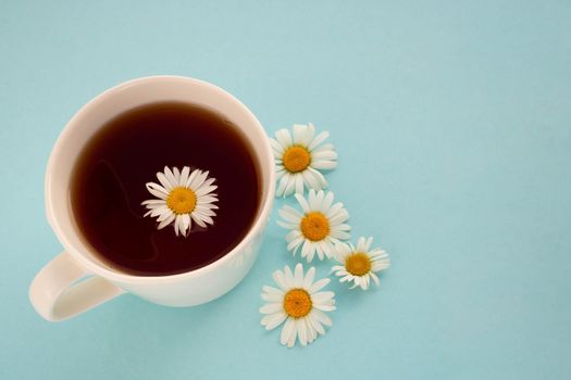 On a blue background, a white cup with tea and daisies