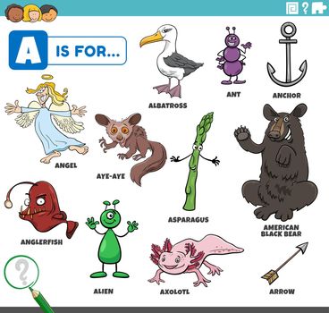 letter a words educational set with cartoon characters