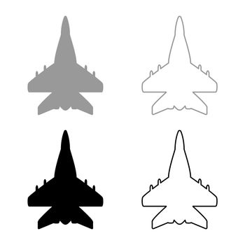 Jet plane fighter reactive pursuit military set icon grey black color vector illustration image solid fill outline contour line thin flat style