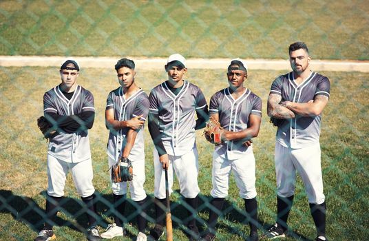 Winners work together as a team. Portrait of a group of confident young men playing a game of baseball.