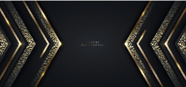Modern luxury banner template design black triangles and golden glitter 3D gold stripes line light sparking on dark background