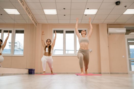 Two beautiful women do yoga, sports in the gym. The concept of grace and beauty of the body.