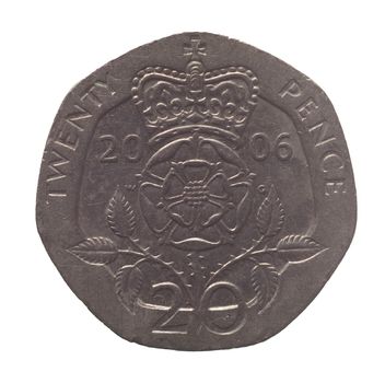 20 pence coin, reverse, currency of the UK isolated over white