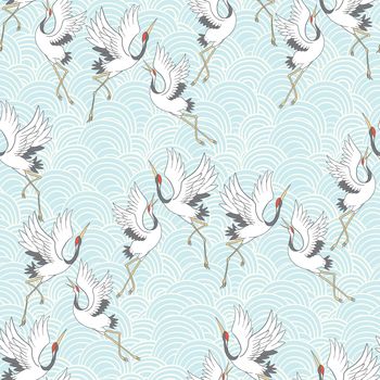 Decorative kimono floral motif background pattern with crane and flowers