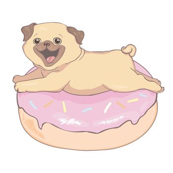 Puppy Pug with a pink donut. Humor poster, t-shirt composition