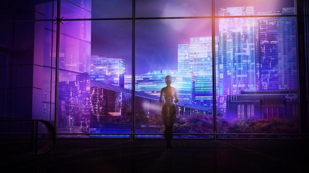 Android looks through the panoramic window at the night city, 3D render.