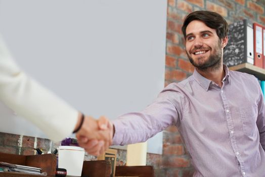 Welcome to the team. A young business man shaking hands with someone.