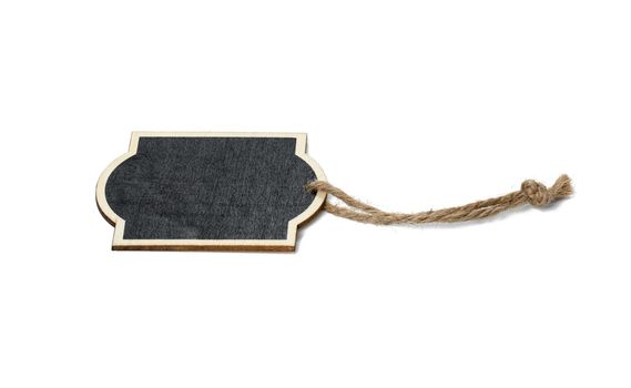 rectangular empty chalk plate on a brown rope. White isolated background