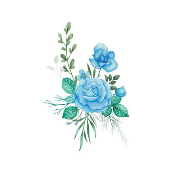 Watercolor flowers bouquet arrangement with blue roses and green leaves