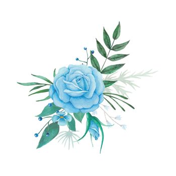Watercolor flowers arrangement with blue roses and green leaves