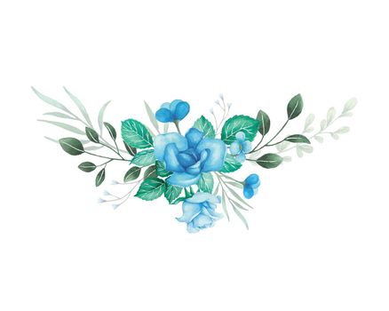 Flowers bouquet arrangement with blue roses and green herbs watercolor illustration
