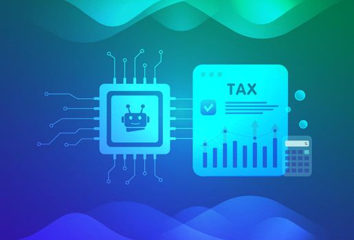 Artificial Intelligence and Machine Learning Automate Tax Audit Proposal Process concept. AI robot accounting automation modern vector illustration with neon color icons and deep gradient background