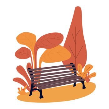 Wooden bench surrounded by autumn scenery semi flat color vector object