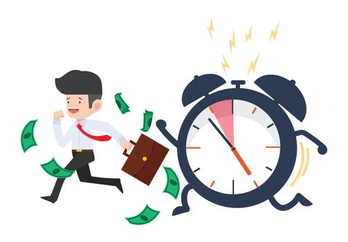 Busy businessman Running with big ringing timer clock