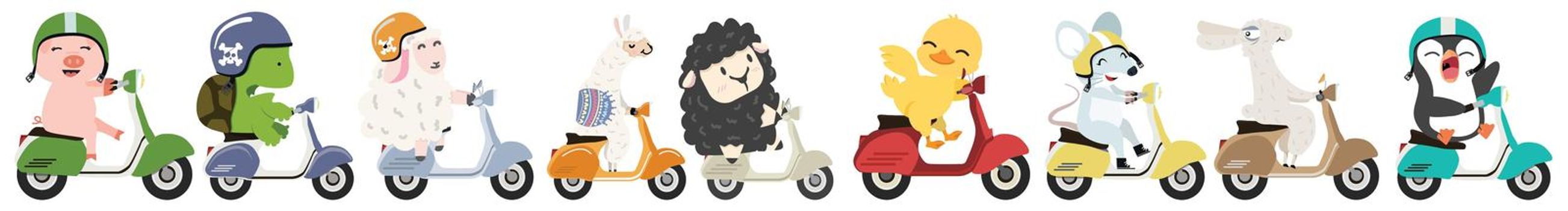 animals riding with scooter  set cartoon