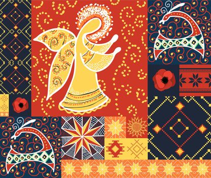 Modern Ukrainian ornament. Seamless pattern in the Ukrainian style. Symbols of Ukraine. National symbols. Culture of Central Europe. Pysanka. Embroidery. Trendy ethnic pattern. Collage