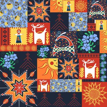 Seamless pattern in Ukrainian style. Ukrainian ethnic pattern in patchwork style. Vector illustration
