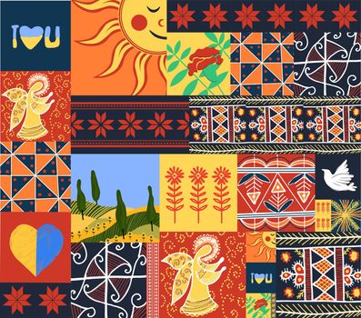 Modern Ukrainian ornament. Seamless pattern in the Ukrainian style. Symbols of Ukraine. National symbols. Culture of Central Europe. Pysanka. Embroidery. Trendy ethnic pattern. Collage