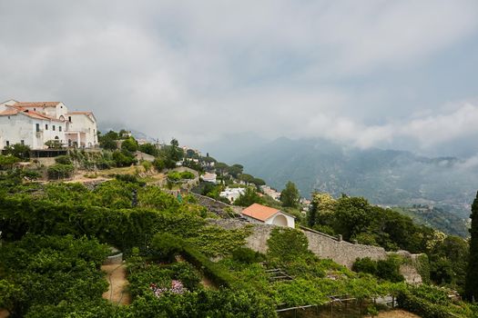 Scenic panoramic view of Ravello surroundings with agriculture terraces, Amalfi Coast, Campania, Italy.