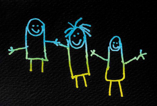 Hand Drawing People in Blue and Yellow Colors over Black Background. Hand Drawing Paint. Friendship, Unity and Care Concept.