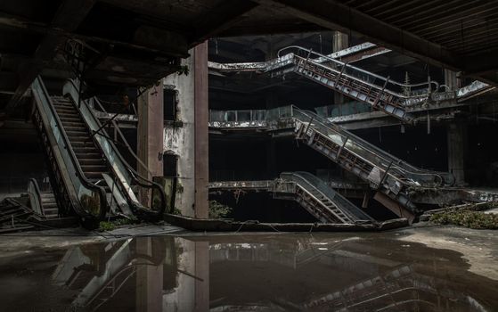 Damaged escalators and waterlogged in abandoned shopping mall building. 