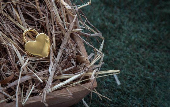 Golden heart shaped love padlock on straw background in wooden box.