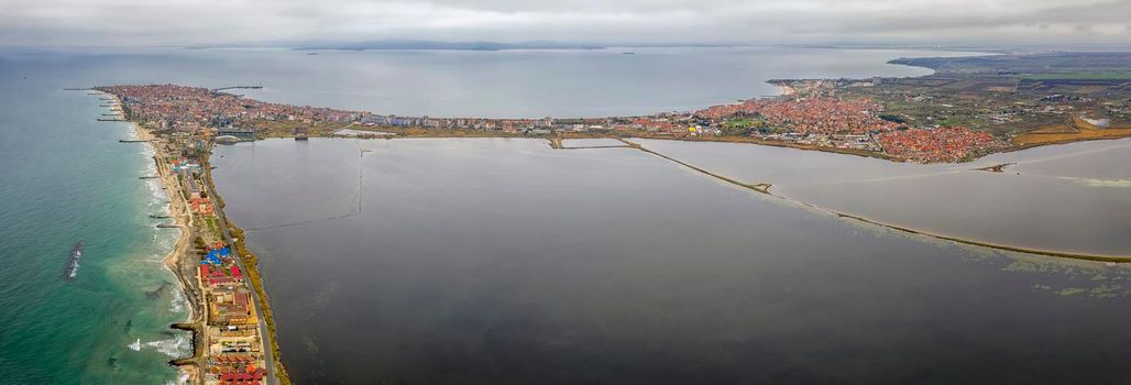 Amazing aerial panorama from drone to Pomorie city on the Bulgarian Black Sea coast
