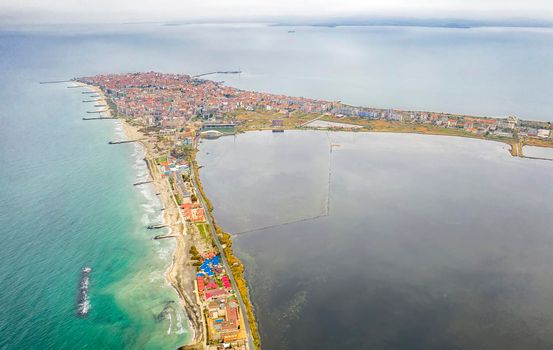 Amazing aerial view from drone to Pomorie city on the Bulgarian Black Sea coast