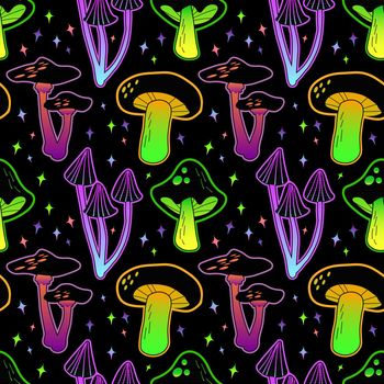 Mushrooms pattern. Psychodelic colored neon shapes mushroom seamless background for print designs recent vector template EPS
