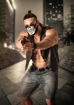 Masked gangster holding and pointing pistol on street