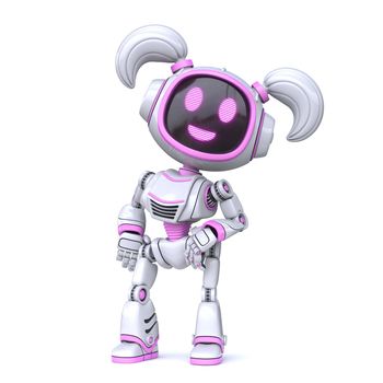 Cute pink girl robot pose as a photo model 3D rendering illustration isolated on white background