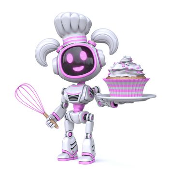 Cute pink girl robot cook cupcake 3D